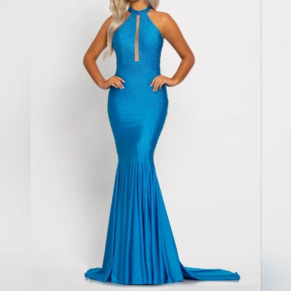Johnathan Kayne Sky Blue Halter Mermaid Prom/Pageant Dress - Picture 4 of 14